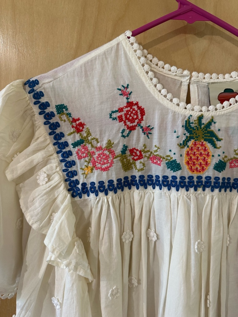 Farm Rio Flowy Embroidered White Cotton Blouse with Pineapple & Floral Motif
